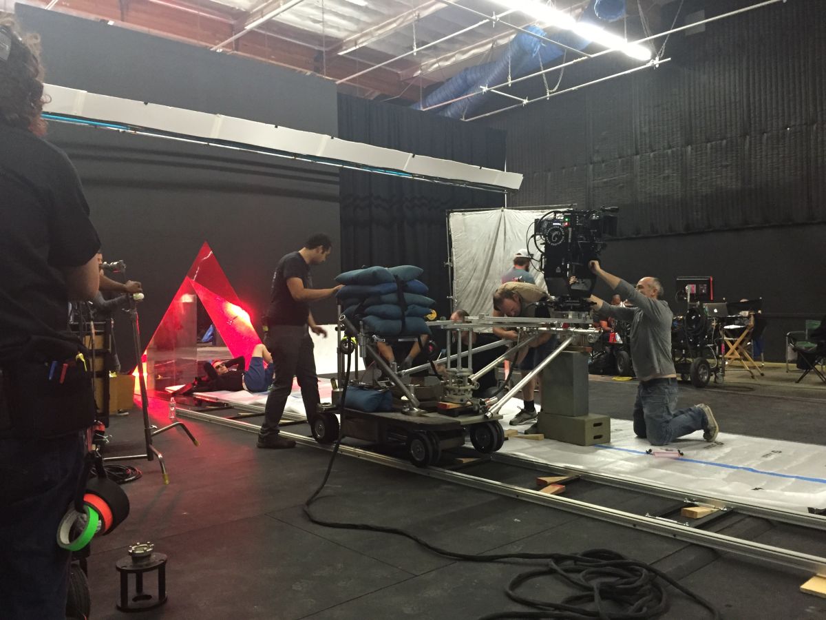 At Calvert Studios, Refn takes five under the inverted pyramid of mirrors as the crew sets up.