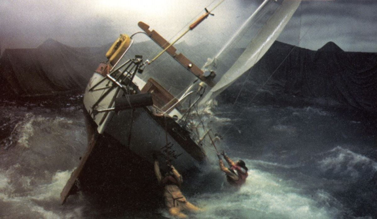 A 32' sloop is buffeted by man-made wind and waves within Stage 16 at Warner Bros.
