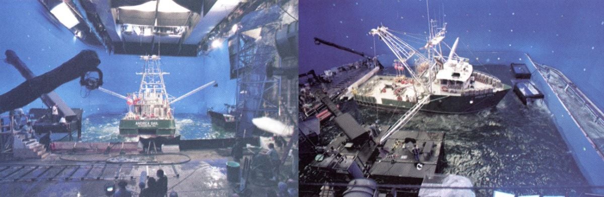 Two views of the 72' Andrea Gail mockup floating within the Warner Bros, soundstage, where it was surrounded by a greenscreen to facilitate the later addition of digital visual effects. Note the hydraulic crane base (right photo) that was specially built in the water tank by engineering wizard Ralph Kerr; the platform could lift four feet out of the water to clear the waves and allow the crew more shooting flexibility.