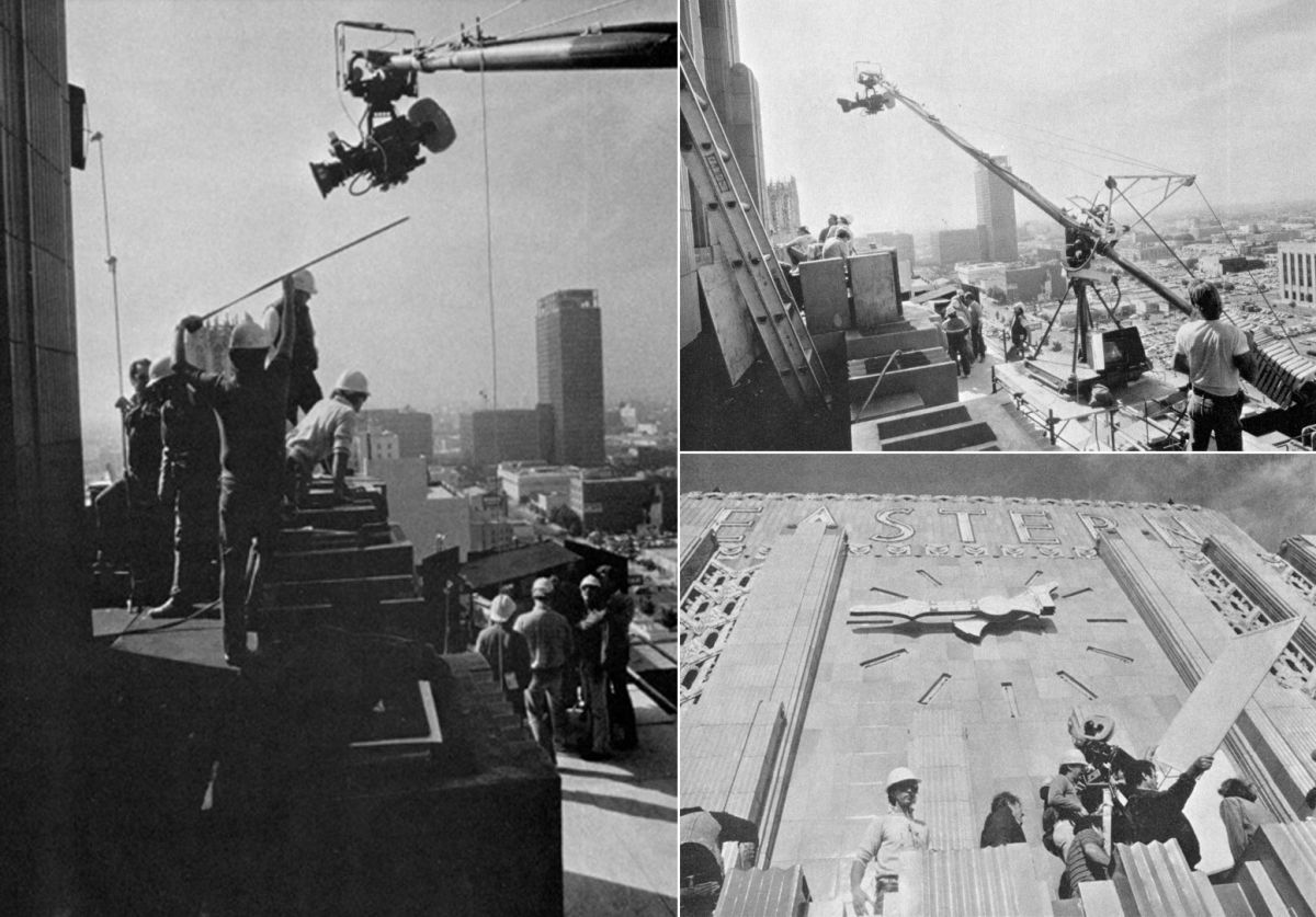 Moonlighting takes its crew to such unusual locations as this art deco clock tower above downtown Los Angeles, from the pilot episode of the show. Sophisticated equipment such as remotely operated camera systems are often utilized.