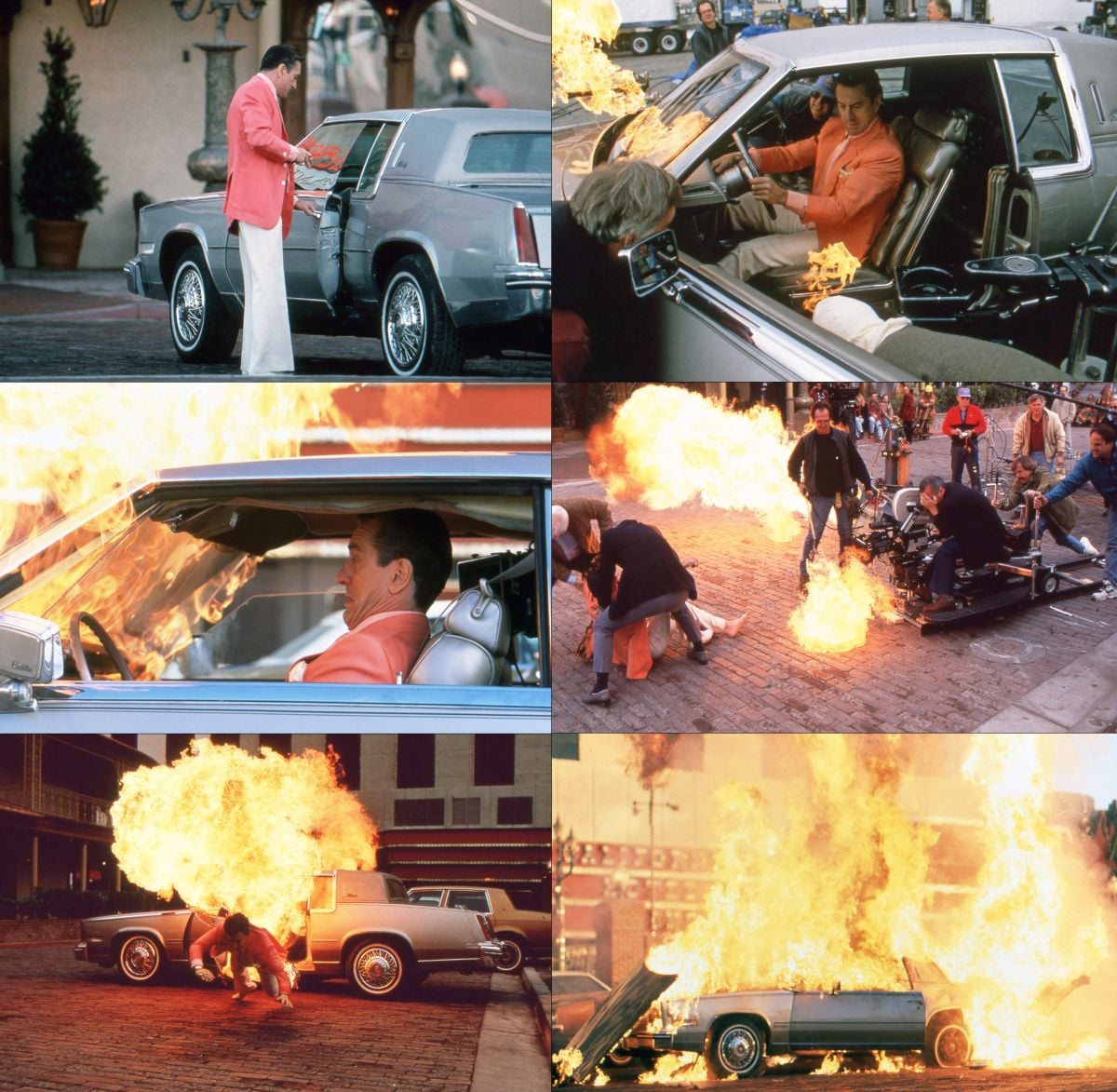 Different views of the car-bombing scene were used throughout the film, creating a “gradual reveal.”  The actual outcome of the scene becomes clear only in the latter stages of the story. Here, Scorsese rides the dolly to get the shot as De Niro braves real flames.