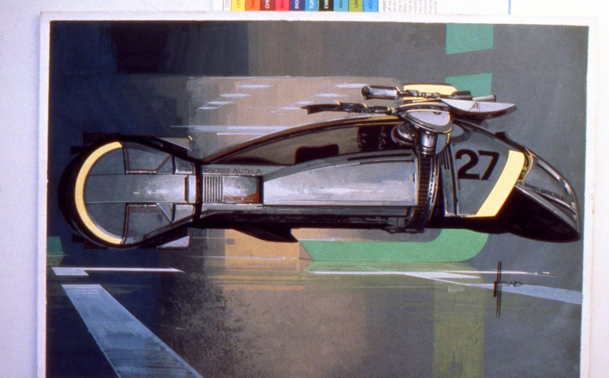 One of Mead’s many concept illustrations for the “Spinner,” the front road wheels pivoted into “flying” position.