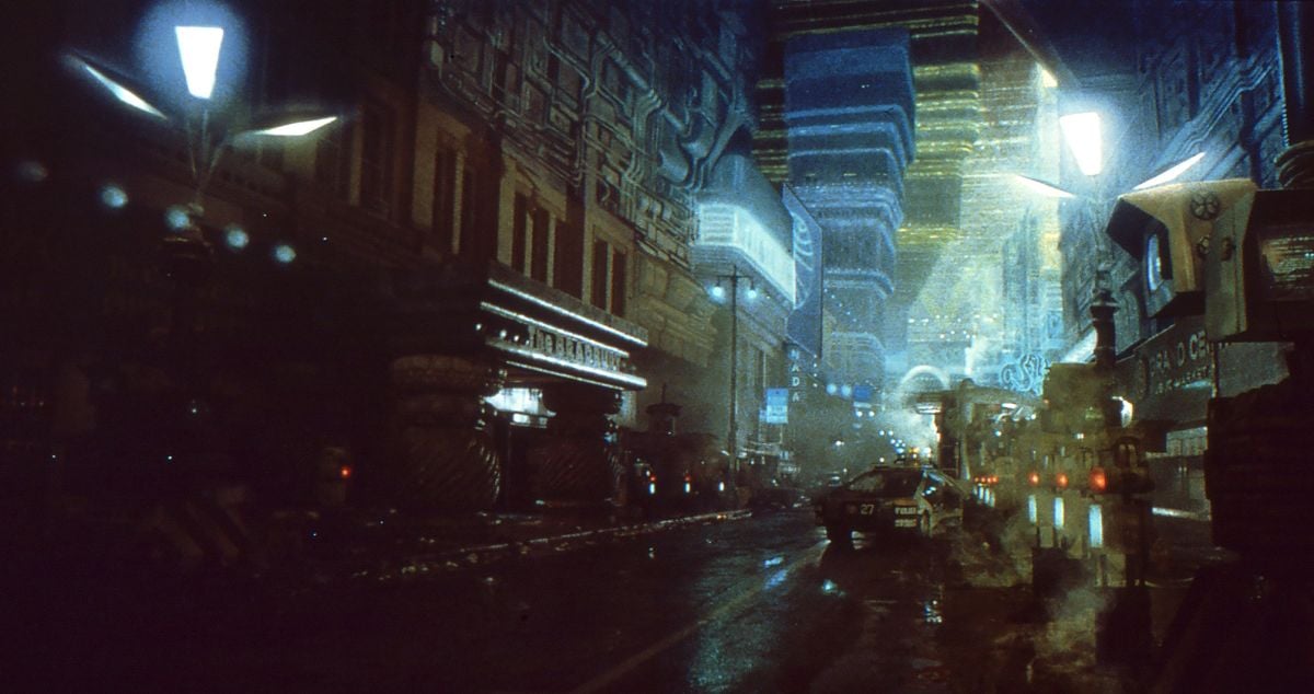 A completed street scene — featuring the famed Bradbury Building.