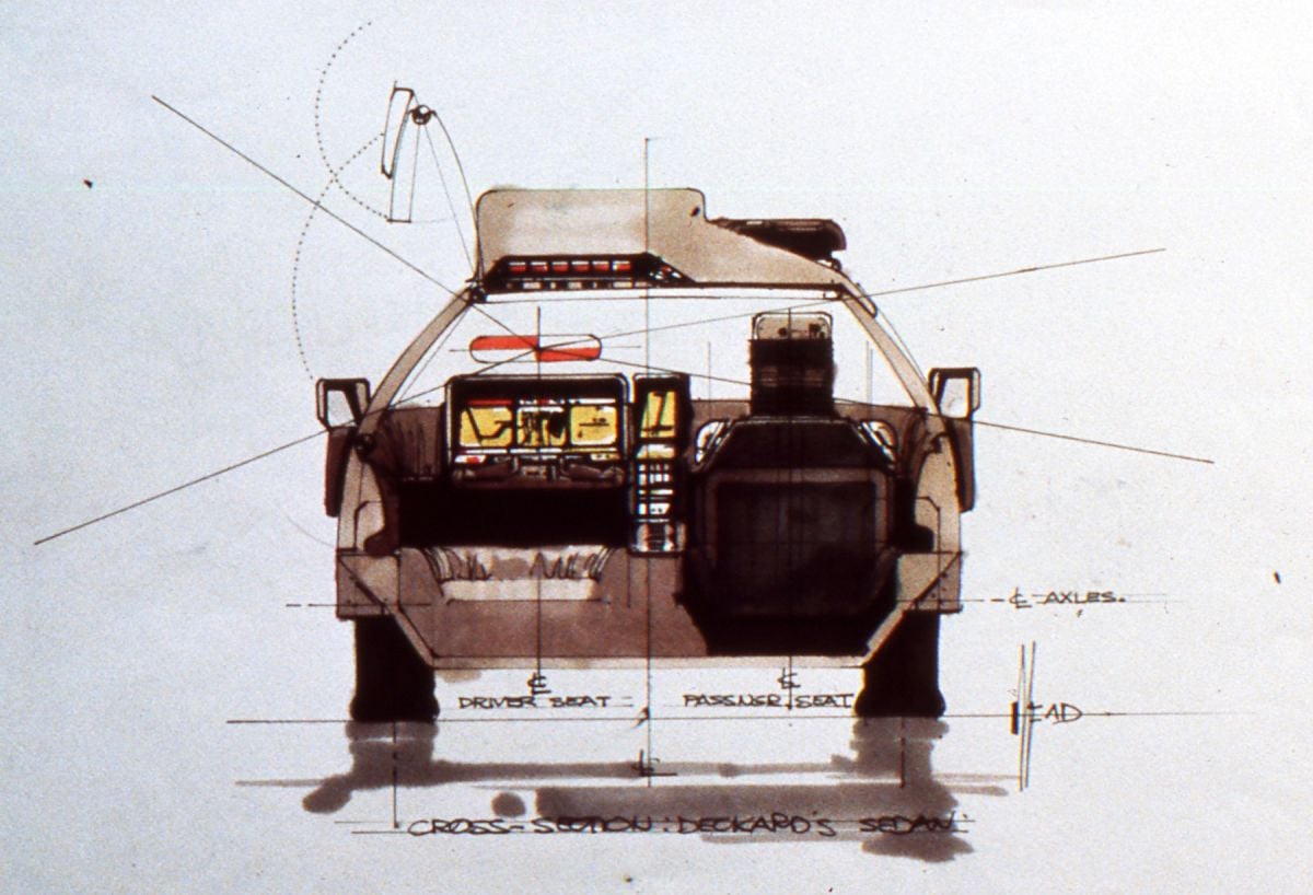 A mechanical sketch of Deckard’s sedan — complete with gull-wing door.
