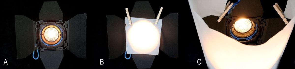 Examples of diffusion clipped to a 650-watt Arri Fresnel. The diffusion against the lens does very little to increase the size of the source or change the quality. However, a larger piece of diffusion clipped to the barn doors away from the lens starts to alter the quality of the light by increasing its size.
