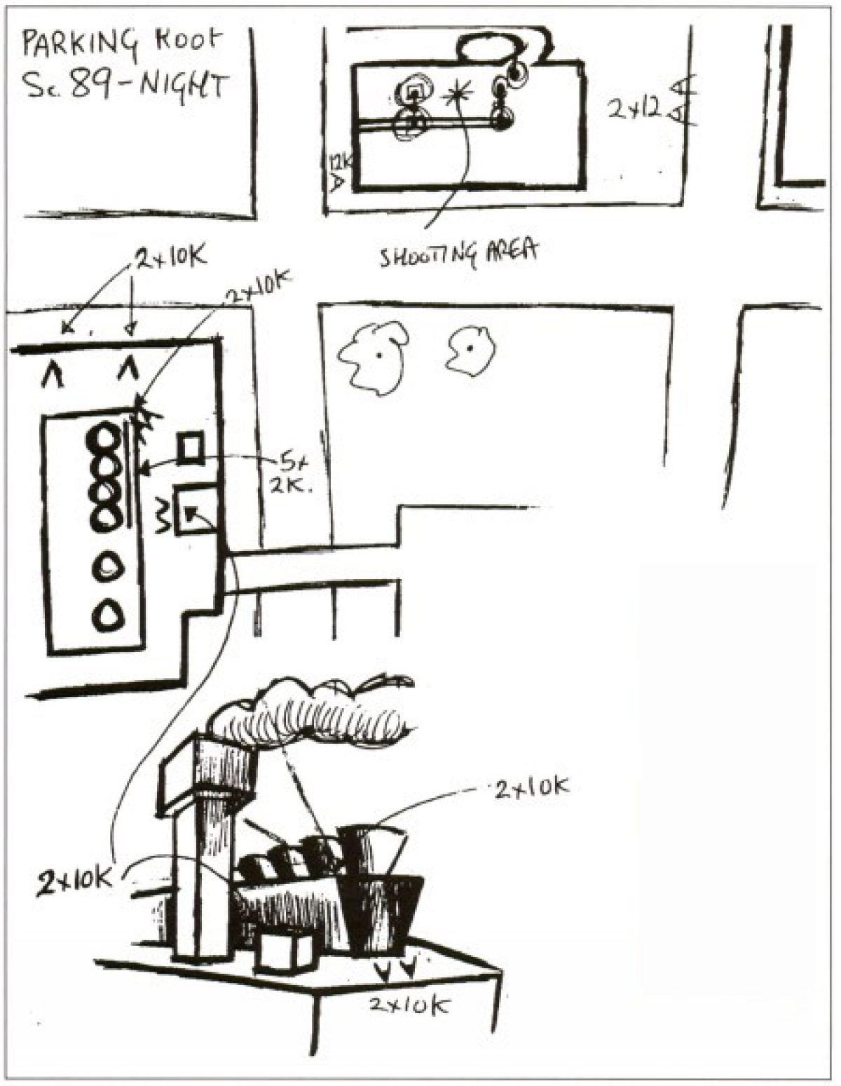 Deakins' sketch of the roof-top parking-garage location (above) and corresponding images from the scene (below) featuring actor Steve Buscemi. The warm side key light and fill was created by eight Fay bulbs rigged to each of the practical sodium-vapor street lamps which were gelled with a combination of 3A CTO and CTS. The foreboding smokestack in the background was illuminated by 10K tungsten units hidden on the building's rooftop.